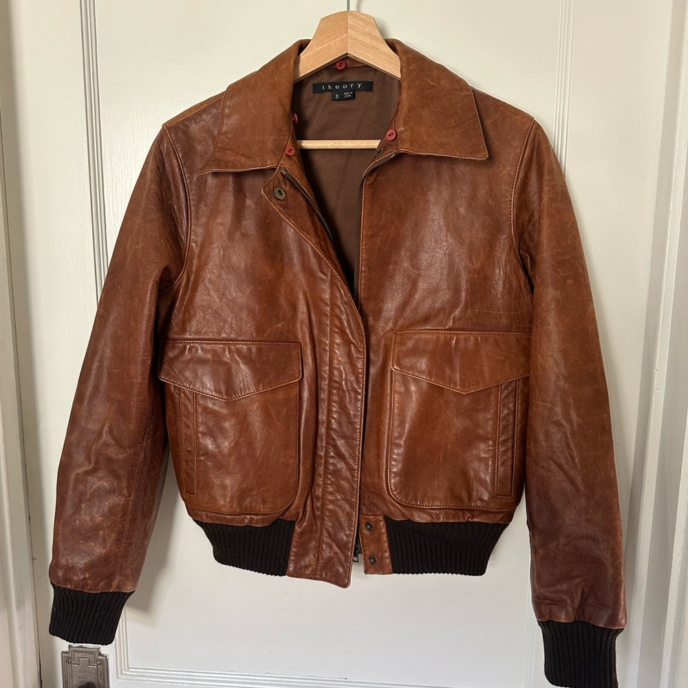 Theory Brown Leather Bomber Jacket